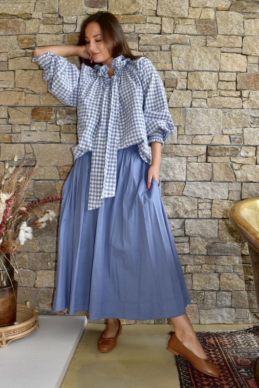 Nonni Gingham Poet Blouse Denim